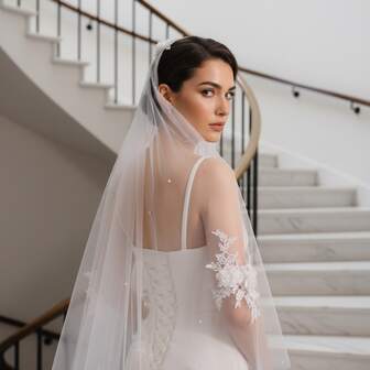 1件新娘头纱，蕾丝花朵和人造珍珠装饰，长款拖地头纱，适用于婚礼摄影