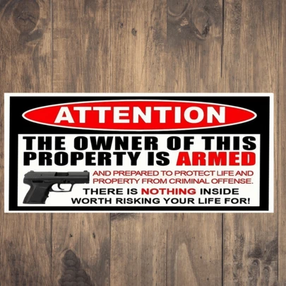 1PC Waterproof Outdoor PVC Removable Sticker, "Owner Is Armed" Warning Sign Decal, Funny No Trespassing Security Sticker, 2nd Amendment Pro Gun Rights Vinyl Decal For Home, Property, Window, Door, Car Bumper