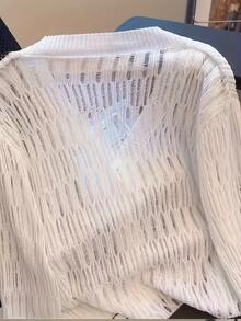 V-Neck Short Lightweight Hollow-Out Knit Cardigan, Spring/Summer - White - View 5