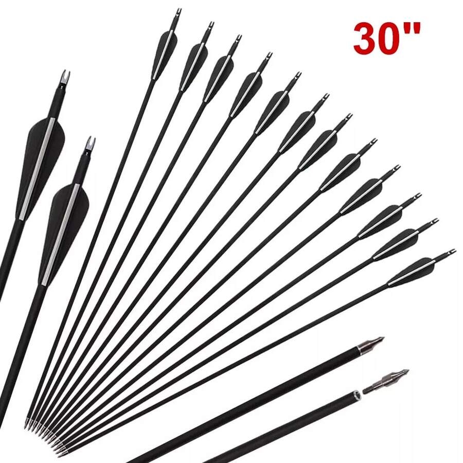 12Pcs 30 Inch Fiberglass Archery Arrows, Spine 500 With Removable Tips, Hunting And Target Practice Arrows For Compound Bow And Recurve Bow - Black - View 1