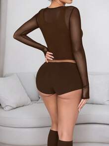 女士性感半透明棕色两件套，圆领设计，中等弹力面料，适合春季派对穿着 - 棕色 - 查看 7