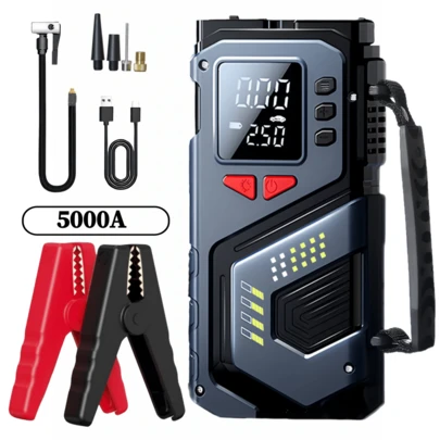 1 st 150PSI 5000A starthjälp med luftkompressor, 5-i-1-funktion digital bildäckpumpning startbox batteripack, bärbar bilbatteriladdare för 10L bensin eller 5.0L