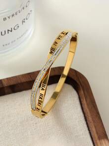 Conjunto de pulseiras de luxo em aço inoxidável banhado a ouro 18K (3 peças), pulseira com cristais cravejados e numerais romanos cruzados e pulseira delicada com numerais romanos. Conjunto de joias vintage elegante e versátil para mulheres, ideal para uso diário, presentes e festas. Uma ótima opção de presente de Natal. Também adequado para uso diário, festas, feriados, aniversários, casamentos, Dia dos Namorados e como presente de Dia das Mães. - Ouro - Ver 4