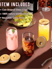 1pc High Borosilicate Glass Water Cup With Lid & Straw, Cola Cup, Mason Jar With Lid - Multicolor - View 7