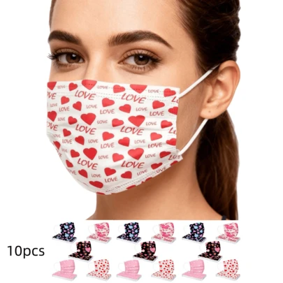10 st hjärtformade ansiktsmasker, alla hjärtans dag-masker, engångsmasker med öronöglor för Halloween, jul, nyårspresenter, lätta utomhusmasker i spets, dammtäta, vindtäta, UV-skydd