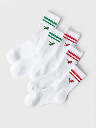 1/3/5 pares de calcetines blancos de tripulación al azar para hombres, rayas de dinosaurio clásicas cómodas y transpirables, regalo de San Valentín personalizado y versátil para todo el año para el novio