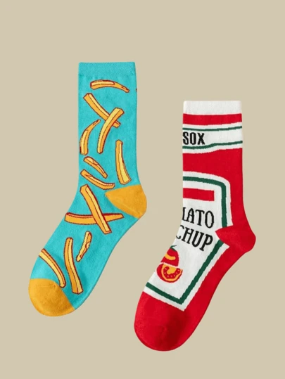 1 par de calcetines medianos para hombres - Ideal para otoño/invierno, diseño de pareja. Estampado divertido de patatas fritas y ketchup, color azul y rojo vibrante, tela elástica para un uso cómodo para usted y su pareja.