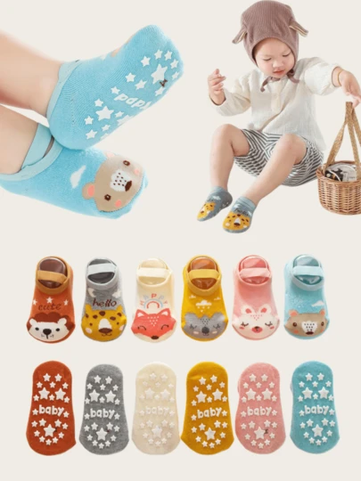 1 Pair Cute Cartoon Pattern Anti-Slip Dot Toddler Socks, Stay-On Design, Protect Feet, Suitable For Crawling Suits, With Elastic Band
