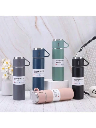 1 Set (1 Bottle + 3 Lids) Vacuum Insulated Bottle, 500ml/16.9oz Thermal Water Bottle Set, Travel Cup, Suitable For Hot/Cold Drinks, All Season, Gift