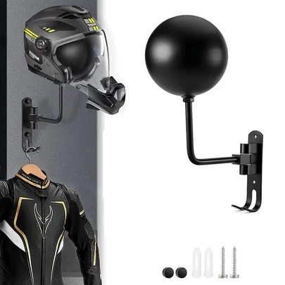 Expositor de pared giratorio de 180° para cascos de motocicleta, fabricado en aleación de aluminio, con 2 ganchos. Sirve para exhibir cascos de fútbol y de bicicleta, y también como perchero. Este expositor sin taladros es apto para diversas superficies de pared.