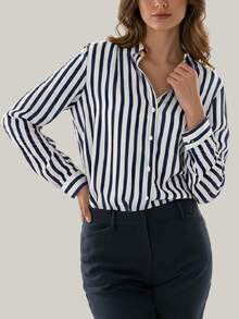OctMoon Women's Long Sleeve Shirt With Pearl Buttons, Simple Casual Daily Top - 藏蓝色 - 查看 4