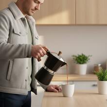 6-Cup Espresso Maker Aluminum Moka Pot, Fast Brewing With Wood Grain Plastic Handle, Compact Stovetop Coffee Pot For Camping & Home - Black - View 4