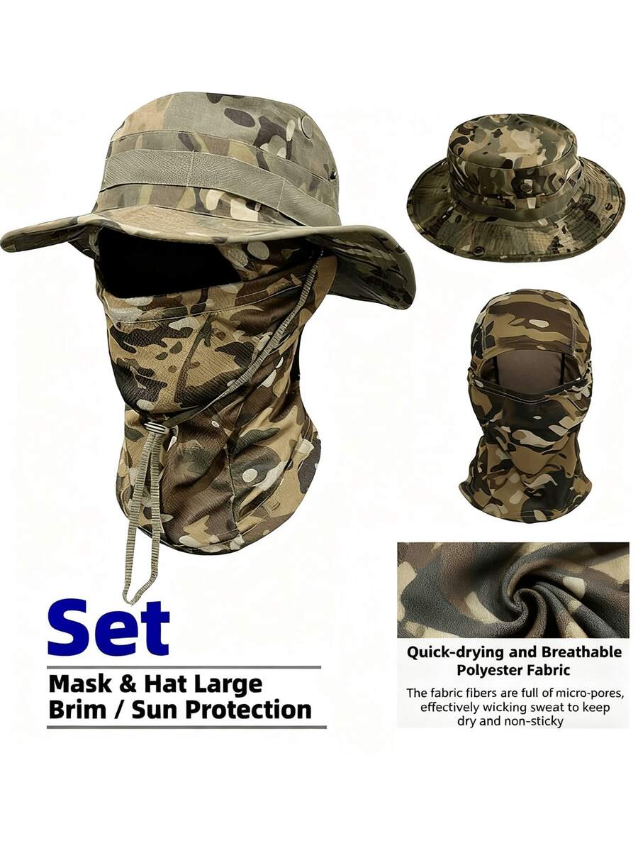 2件套男女通用遮阳帽，渔夫帽，UPF 50+ 防晒指数，带迷彩面罩，可折叠，防紫外线，适合徒步旅行、海滩垂钓、夏季度假等场合。 - 彩色 - 查看 1