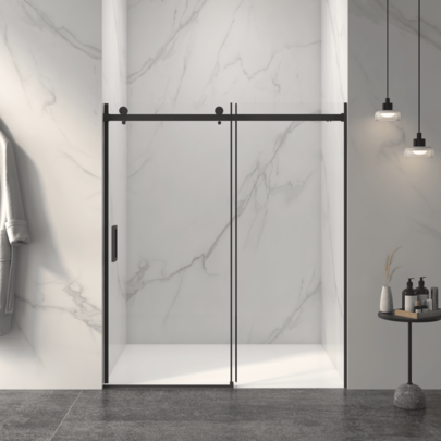 56-60"W X 72"H Frameless Sliding Shower Door,5/16" (8mm) Thick SGCC Tempered Clear Glass,Double Side Easy Clean Coat, Matte Black Finished With Buffer