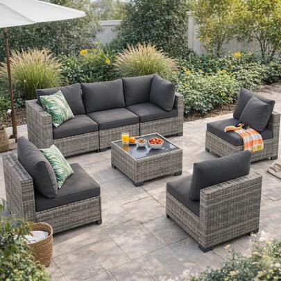 7 Pieces Outdoor Patio Furniture Set, Modular Wicker Sectional Sofa With Glass Coffee Table & Cushions, All-Weather Rattan Conversation Set For Backyard Garden