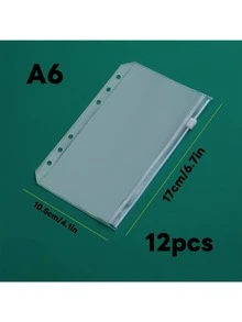 12pcs 6-Hole PVC Transparent Zipper Bags, A6, A5, A7 Sizes; A5, A6, A7 Notebook Storage Zipper Bags; Budget Book, Business Card Album, Loose-Leaf Bags, 12pcs/Set