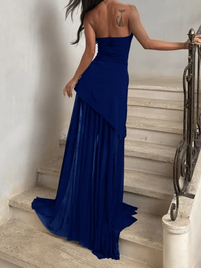 Onicee Women's Summer Dress, Blue Fashion Strapless Mesh Patchwork Hem Elegant Party Dress, Suitable For Valentine's Day, Mother's Day, Graduation, Date, Gathering, Party, Travel, Vacation, Beach And Other Occasions