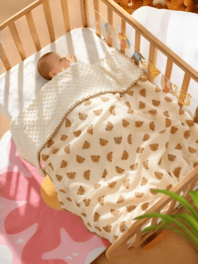 1 st babyfilt, fleecefilt för spädbarn, design med flera björnar, användning året runt, bärbar för nyfödda, småbarn, barnvagn