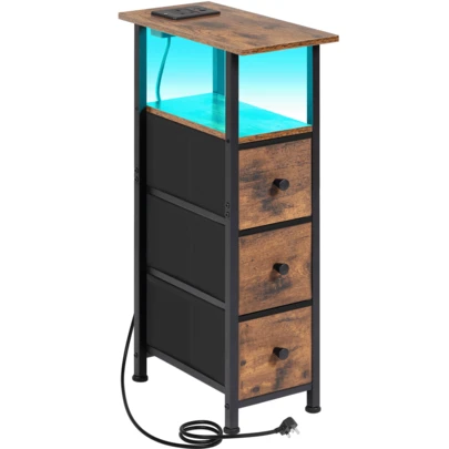 LOAKEKEL Rustic Brown Narrow Side Table Living Room  With Charging Station, Skinny Side Table With Fabric Drawers, Slim LED Nightstand For Bedroom, Small Spaces, Couch, Valentine's Day Gift For Women, Men, UTETNDP03LBR-1