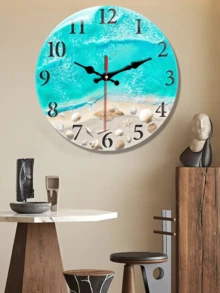 Battery Powered Beach Theme Wall Clock, Silent Beach Theme Clock With Shell And Starfish Pattern - Battery Operated, Round Wooden Home Decor (Batteries Not Included)