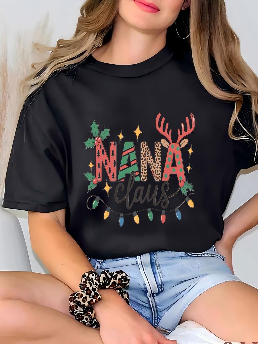 Womens Nana Claus Christmas Lights Sweatshirt Holiday Reindeer Antler Nana Gift Leopard Print Holly Leaves Festive Graphic Long Sve Shirt T-shirt - Negro - Ver 1
