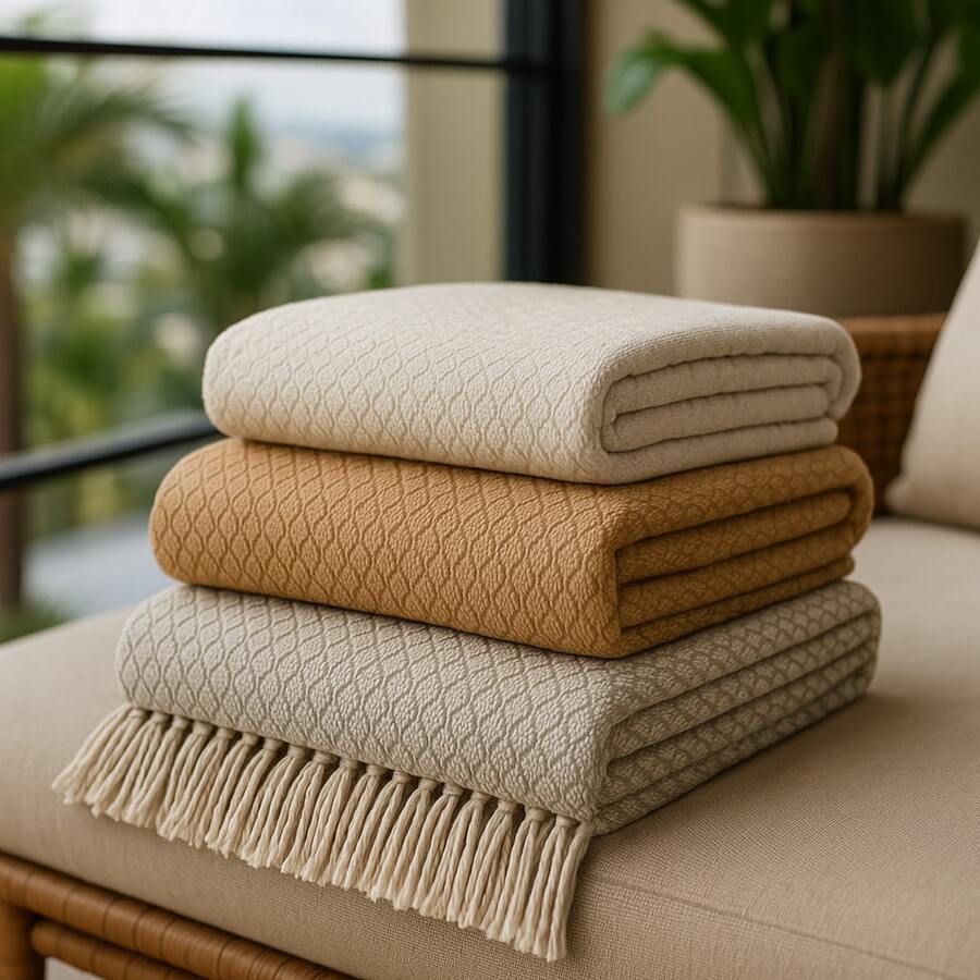 King Size Decorative Blanket – 100% Cotton Honeycomb Weave With Fringe - 2.30m X 2.40m - 巧克力棕 - 查看 1