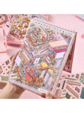 Sticker Book, Miniature Sunny Town Series Booklet, 3D Cartoon House DIY Landscape Decorative Sticker Album, DIY Collage Decorative Paper Accessories, Suitable For Notebook Stickers, Phone Case Stickers, Cup Stickers, Scrapbook Diary Stickers