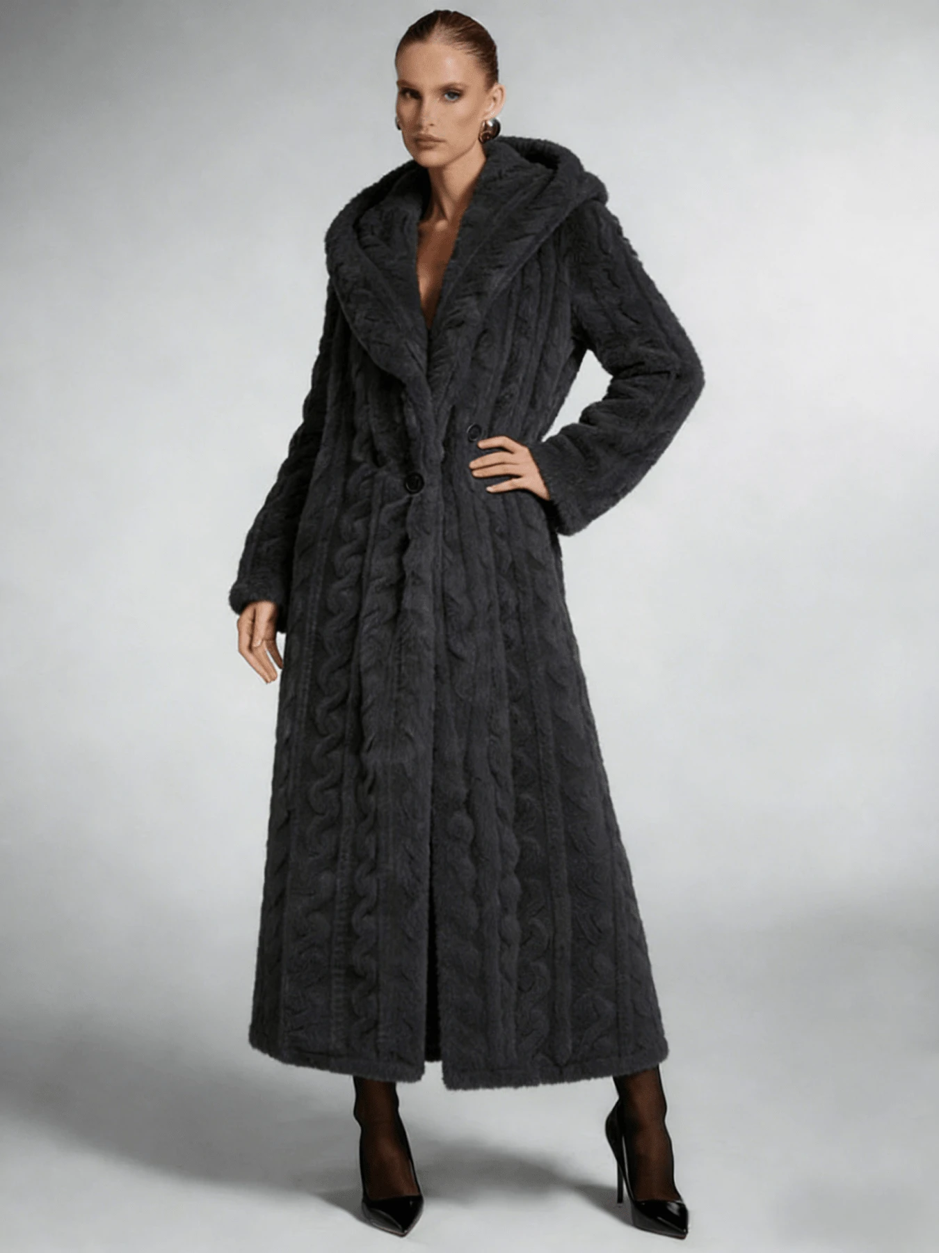 Beige Faux Fur Cable Knit Long Coat, A Fashion - Forward & Warm Hot Outfit Crafted With Premium Fuzzy Material, Boasting A Flowy Longline Silhouette And Classic Cable Knit Pattern, Ideal For Adding Elegant Winter Style By Pairing With Sweaters Or Blouses In Define Jacket Sports Jacket Ski Clothes Women Zip Up Jackets Fitted Jacket Winter Coat For Women Abrigos De Invierno Para Mujer Women's Winter Clothing Of Women's Winter Clothing Women's Winter Fashion Women's Winter Promotion Of Women's Winter Clothing Christmas Ugly Christmas Sweater Women Curve - 灰色 - 查看 1