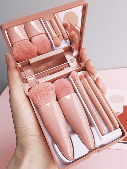 Convenient Makeup Brush Set With Mirror, Including 5 Soft And Comfortable Plastic Handle Brushes For Foundation, Loose Powder, Eyeshadow, Lip And Portable Cosmetic Tools For Women's Dainty Gifts,Brush Set,Makeup Brush Kit,Make Up Brush Set,Make Up Set Complete,Makeup Brush Set,Complete Makeup Kit,Brush Kit,Brushes Makeup Set,Makeup Gift Set,Set