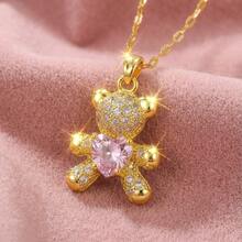 1 Stück Mädchen süße vergoldete Bär Anhänger Halskette mit rosa herzförmigem Diamant, geeignet für Kinder Mode, zarte Party Festival Schmuck Geschenk für tägliches Tragen Goldschmuck - Goldgelb - Übersicht 5