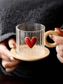 一套杯碟，创意奢华心形玻璃咖啡杯，高端精致心形早餐杯，办公水杯，配有高档木柄杯和圆形木碟，适用于餐厅、咖啡馆、办公室、甜品店、礼品 - 彩色 - 查看 10