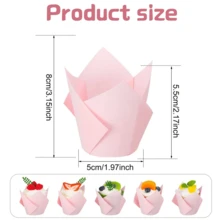 50个郁金香造型纸杯蛋糕托，耐热防油纸质蛋糕衬垫，烘焙纸杯蛋糕托，烘焙工具，厨房配件，适用于婚礼、生日、母亲节、情人节、复活节等节日 - 粉色 - 查看 5