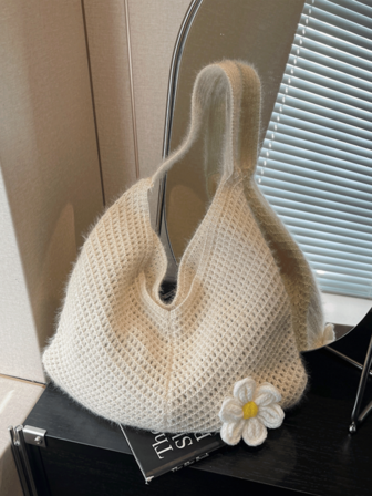 1pc, Versatile Fashion , High-Value Niche Design, Portable Shoulder Bag, Solid Color Knitted Fabric With Flower Decoration And Multi-Color Optional Stray Bag, Suitable For Ladies' Daily Commuting And Shopping.