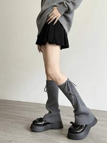 1双纯色针织喇叭形腿套，带蝴蝶结，白色/灰色，秋冬季