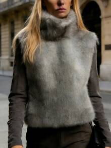 高领无袖女士短款仿毛皮外套，绒面法兰绒，常规下摆 - 灰色 - 查看 12