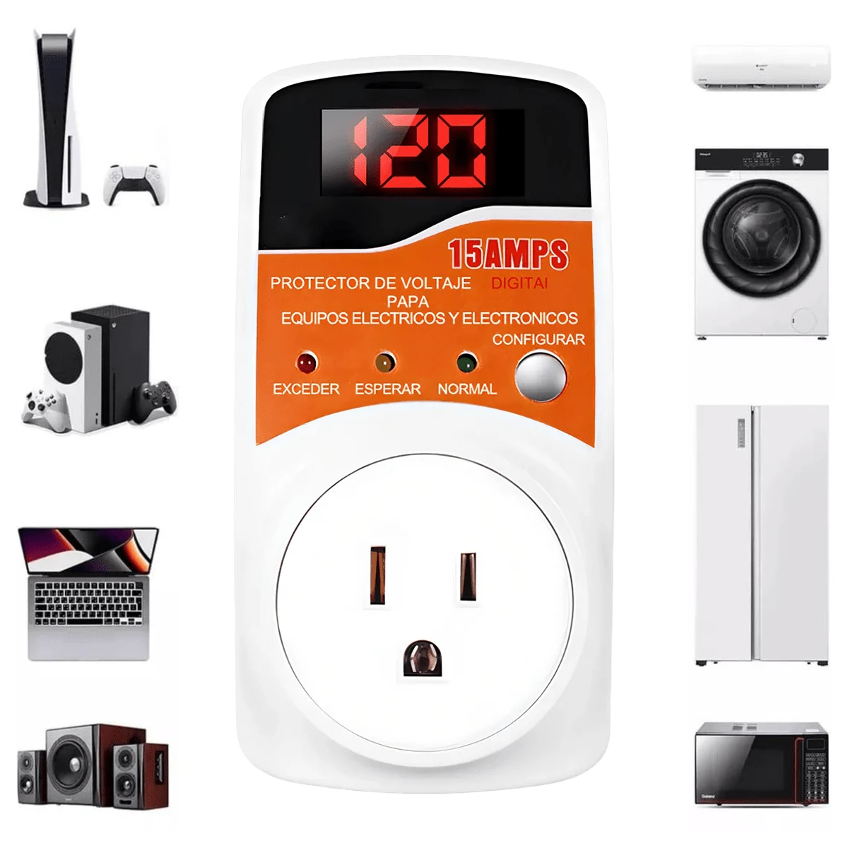 CASALIVA Protector De Voltaje para Refrigerador, Regulador De Voltaje, Puede Ser Utilizado En Aires Acondicionados, Refrigeradores, Televisores, Lavadoras, Computadoras, Microondas, Rango de tensión disponible 90-145V - Naranja - Ver 1