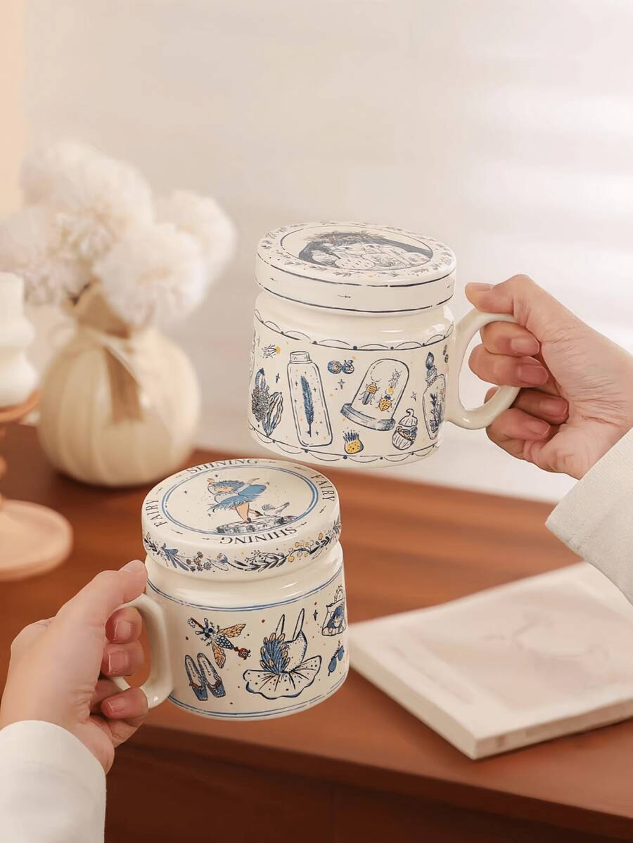 Bộ 1 cốc sứ hoạt hình chất lượng cao có nắp, kiểu dáng cổ tích retro, nắp chống bụi có tay cầm, thích hợp dùng cho món tráng miệng, cà phê, đồ uống, quà tặng lãng mạn cho cặp đôi, dùng tại nhà, nhà hàng, quán cà phê, tiệc tùng. - Nhiều màu - Xem 1