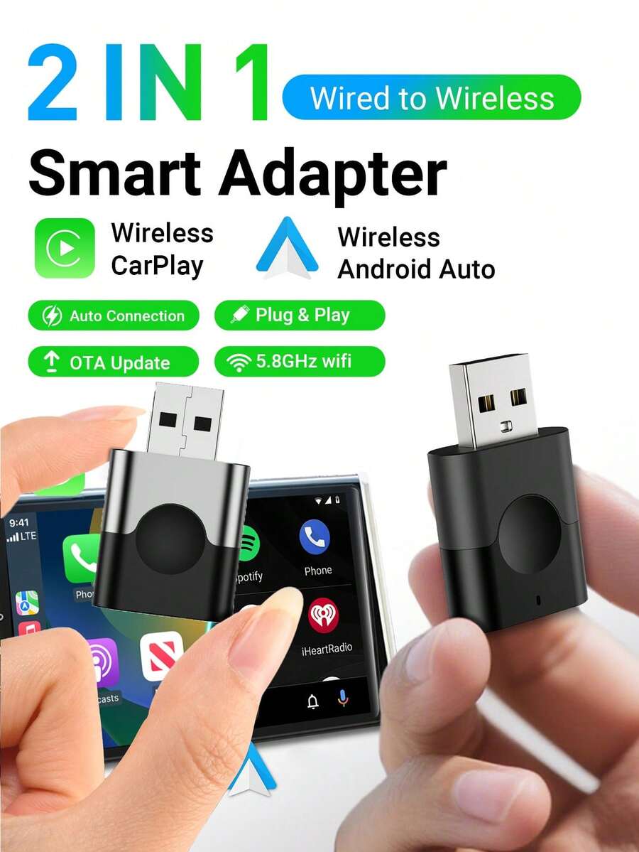 XUDA New 2in1 Wired To Wireless CarPlay Adapter, Android Auto Dongle, Super Mini Carplay Ai Box,High-Quality Car Accessory Smart Box 5GHz WiFi Type-C/USB - A - View 1