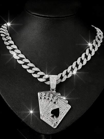 Men's Rhinestone Poker Card Pendant Necklace, Punk Hip Hop Style Chain, For Jewelry Gifts And Party