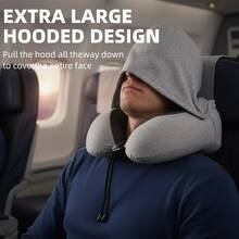 Neck Pillow With 100% Light-Blocking Hood For Traveling, Upgraded Travel Neck Pillow For Airplane 100% Pure Memory Foam Travel Pillow For Flight Headrest Sleep, Portable Plane Accessories, Light Grey - 淺灰色 - 查看 4