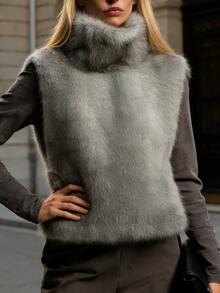 高领无袖女士短款仿毛皮外套，绒面法兰绒，常规下摆 - 灰色 - 查看 9
