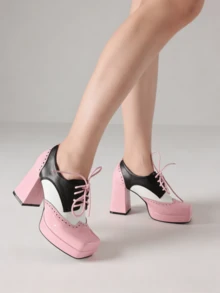 Women's Oxford Shoes Color-Block Heels Square Toe Platform Chunky Heels Lace-Up Mary Janes Shoes For Ladies New Year And Christmas Outfits - 粉色 - 查看 7