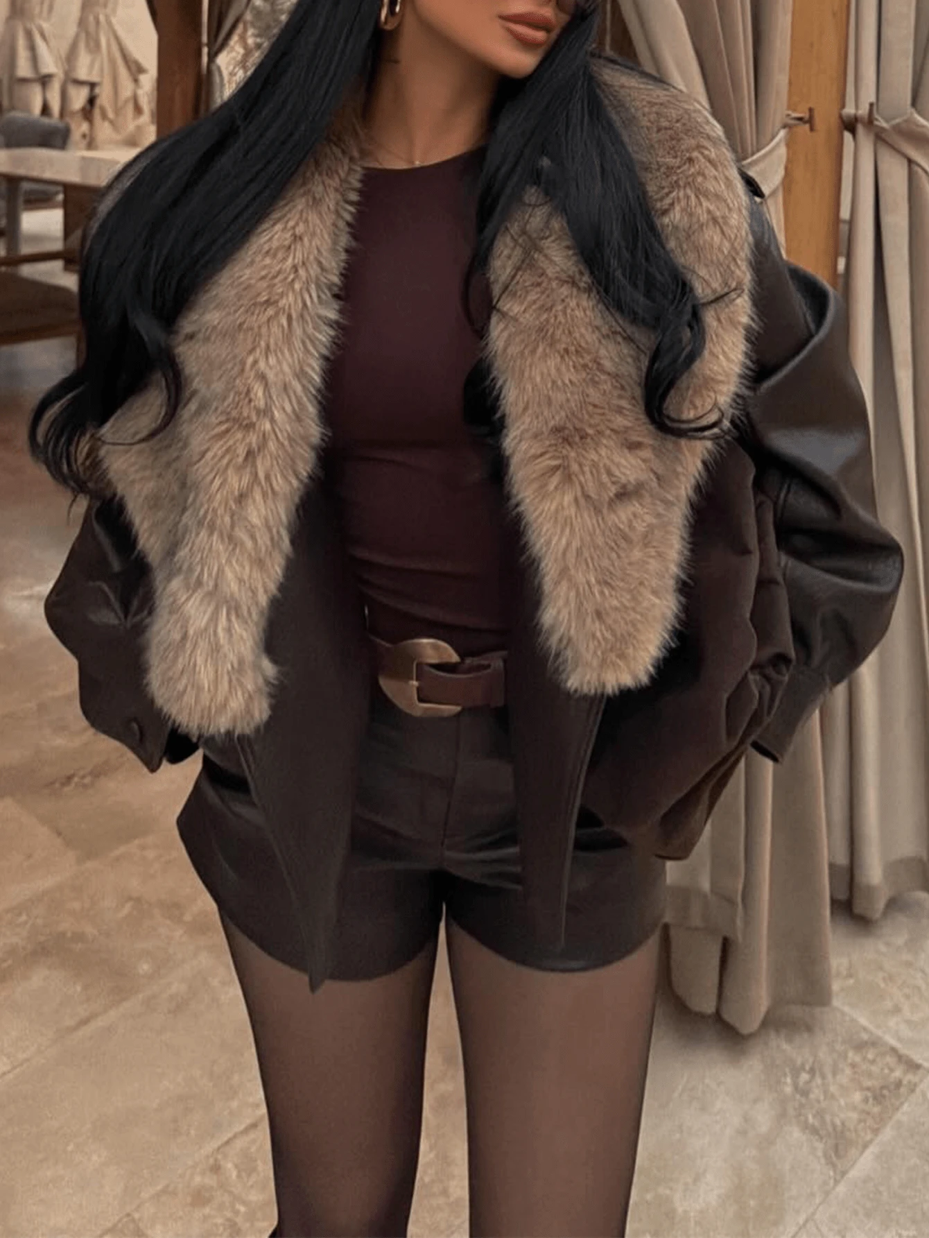 2026 Fall Winter Patchwork Faux Fur Collar PU Women Jackets Fashion Brown Elegant Christmas New Year Ladies Warm Coats Chic Turndown Collar Casual Women Coats - Brown - View 1