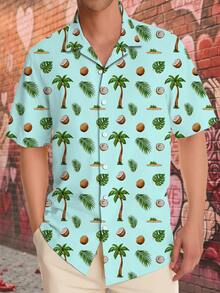 Customized Men's Hawaiian Shirt, Customized Men's Holiday Clothing, Brazil Collar Button-Down Shirt, Men's Short Sleeve Shirt With Coconut Tree And Beach Surfing Pattern, Customized Funny And Interesting Face Design, Gift For Boyfriend, Husband, Family, Friends For Valentine's Day - Multicolor - View 2