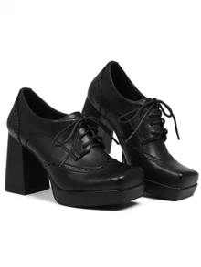 Women's Oxford Shoes Color-Block Heels Square Toe Platform Chunky Heels Lace-Up Mary Janes Shoes For Ladies New Year And Christmas Outfits - 黑色 - 查看 2