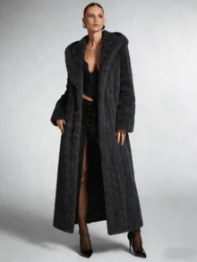 Beige Faux Fur Cable Knit Long Coat, A Fashion - Forward & Warm Hot Outfit Crafted With Premium Fuzzy Material, Boasting A Flowy Longline Silhouette And Classic Cable Knit Pattern, Ideal For Adding Elegant Winter Style By Pairing With Sweaters Or Blouses In  Define Jacket  Sports Jacket  Ski Clothes Women  Zip Up Jackets  Fitted Jacket  Winter Coat For Women  Abrigos De Invierno Para Mujer  Women's Winter Clothing Of Women's Winter Clothing Women's Winter Fashion Women's Winter Promotion Of Women's Winter Clothing Christmas  Ugly Christmas Sweater Women Curve - 灰色 - 查看 5
