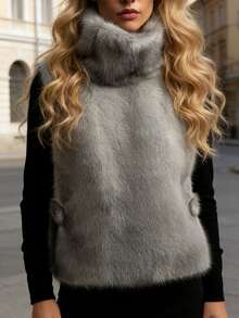 高领无袖女士短款仿毛皮外套，绒面法兰绒，常规下摆 - 灰色 - 查看 10