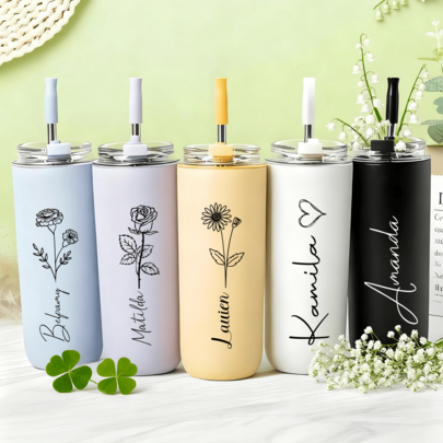 Tumbler Liburan Terisolasi yang Dipersonalisasi, Gelas Perjalanan Stainless Steel dengan Nama Kustom, Ukiran Laser Bunga Ulang Tahun, Hadiah Undangan Pengiring Pengantin, Pesta Lajang, Dengan Sedotan, Hadiah Pernikahan, Hadiah Natal, Botol Air untuk Dukungan Emosional
