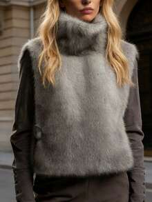 高领无袖女士短款仿毛皮外套，绒面法兰绒，常规下摆 - 灰色 - 查看 11