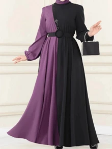 Bata de mujer de moda moderna con bloque de color, cintura alta y adornada con rhinestones, para primavera - Morado - Ver 7